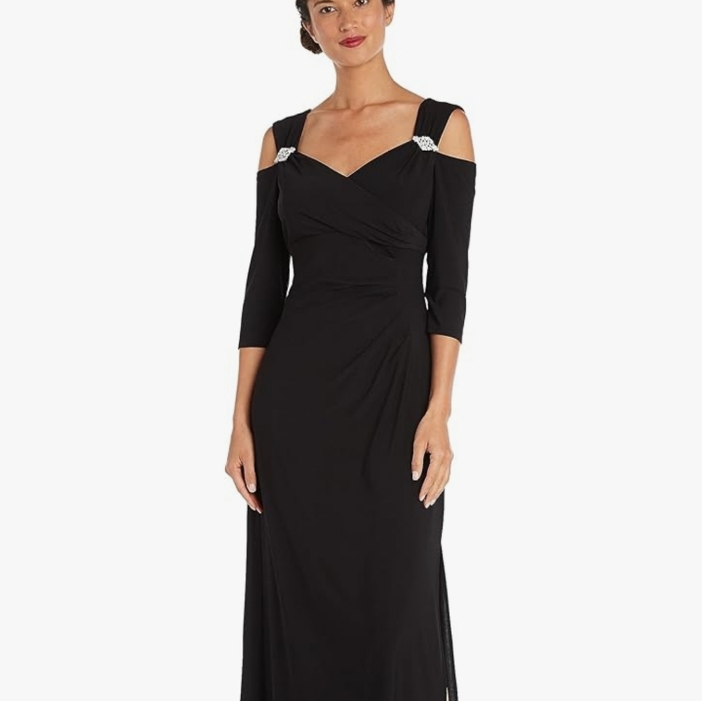 R & M Elegant Black Cold Shoulder Dress With Sparkly Rhinestones.